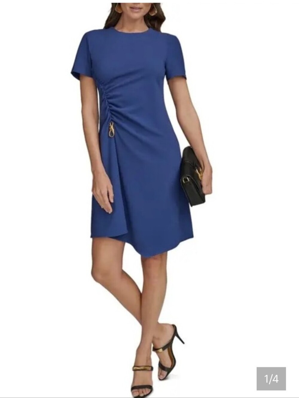 Donna Karan New York NWT Blue Ruched Gold Hardware Dress Office Chic